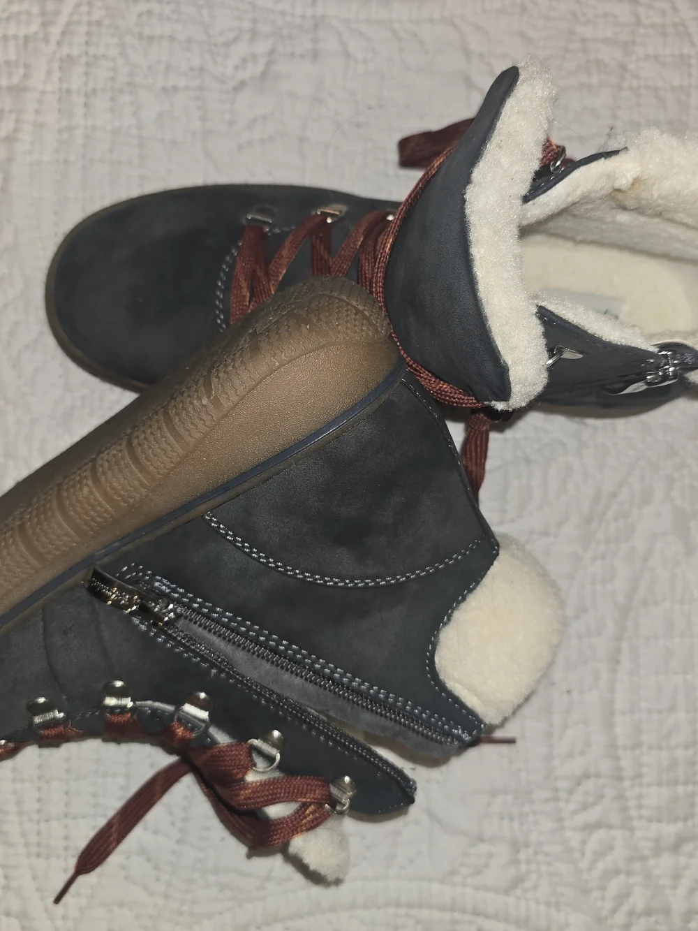 Bjorndahl Blue/Gray Winter Boots With Rust Colored Lace-ups And Cream Sherpa